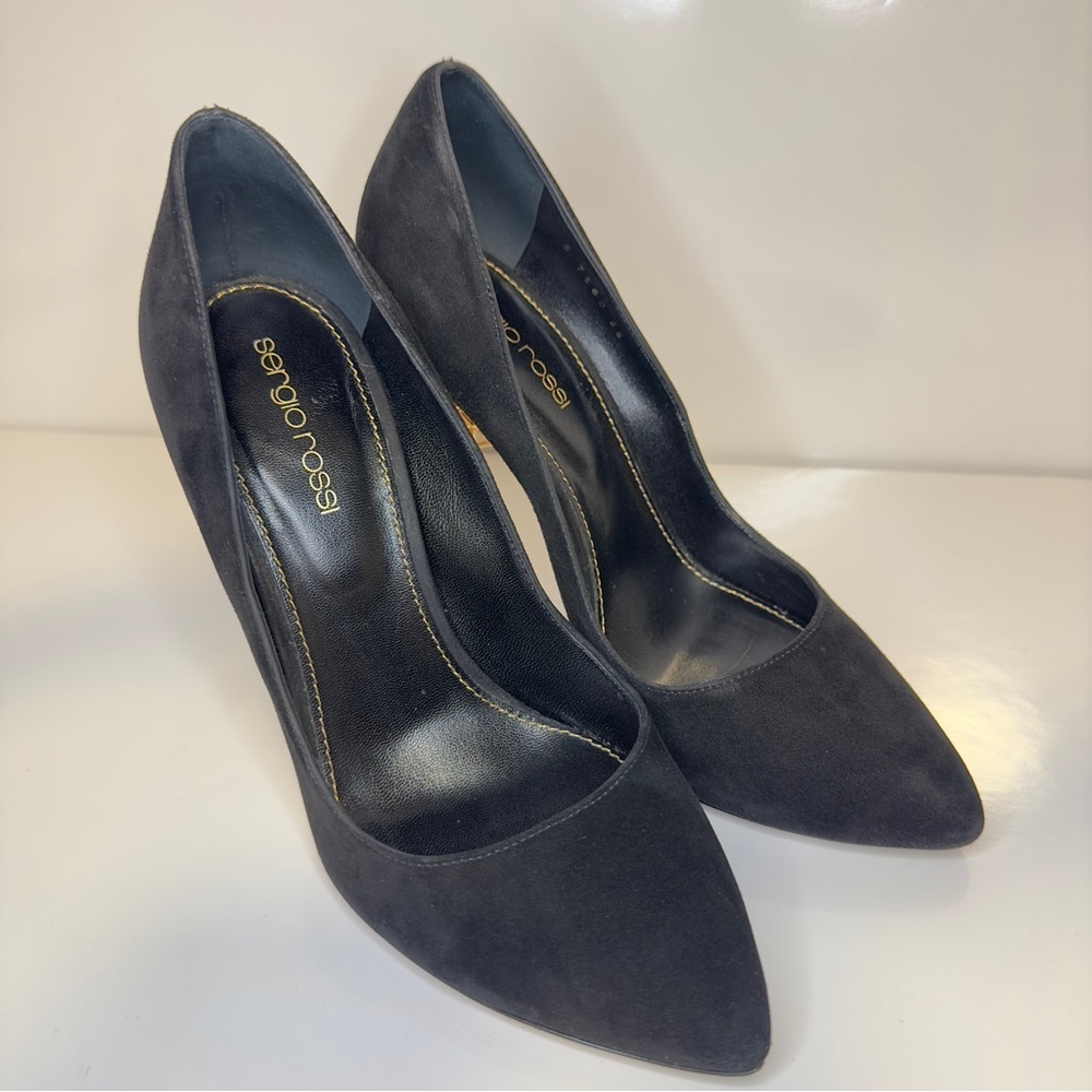 New! SERGIO ROSSI BLACK SUEDE WITH NET GOLDEN DETAIL HEELS SIZE 36 - Picture 4 of 12